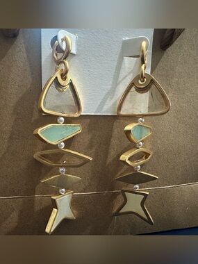 New Tory Burch Gold-Tone Drop Gorgeous Statement Earrings, Mint Green Accents
